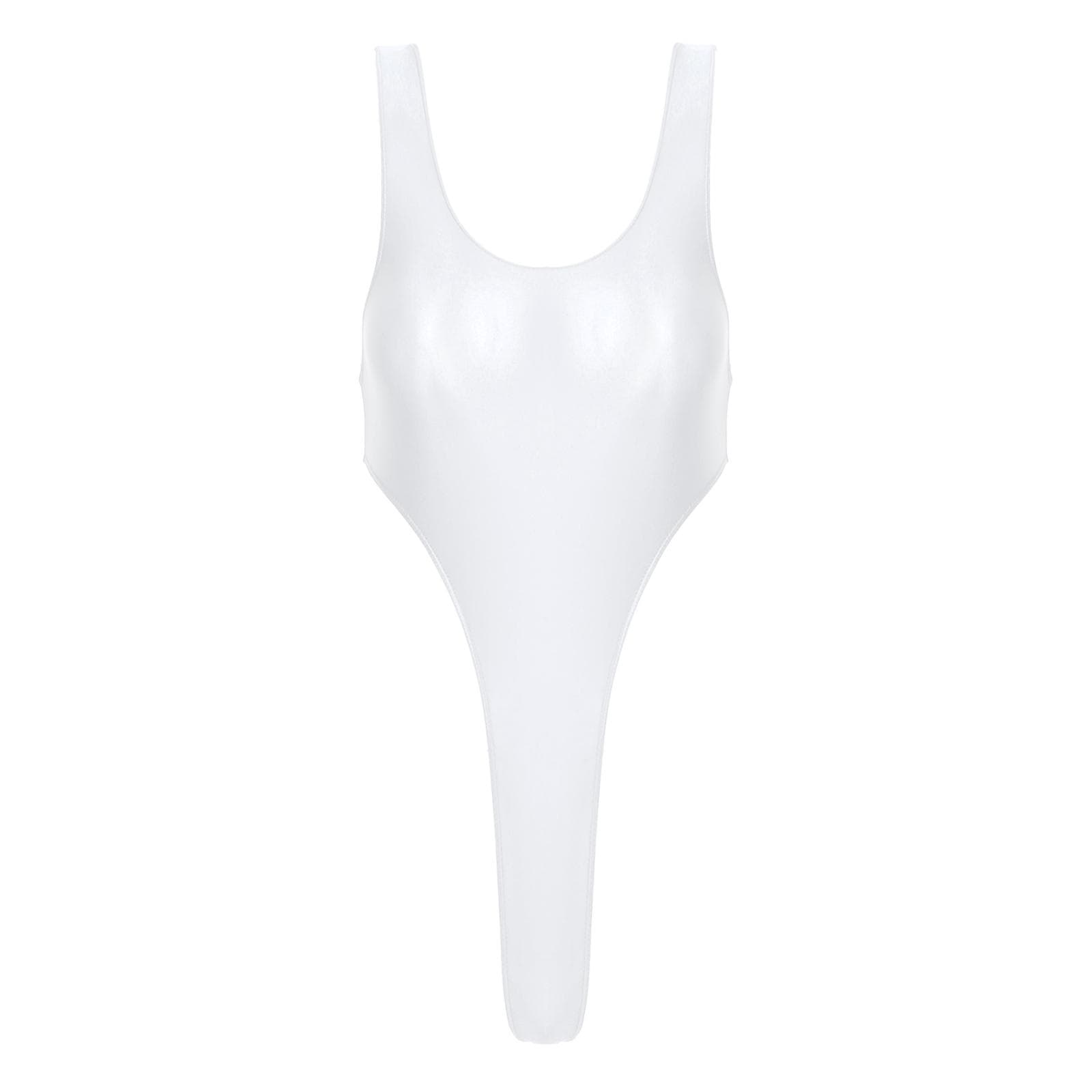 Womens Backless One Piece Swimsuit in Glossy Fabric with High Cut Leg Design for Beach or Pool Parties L white