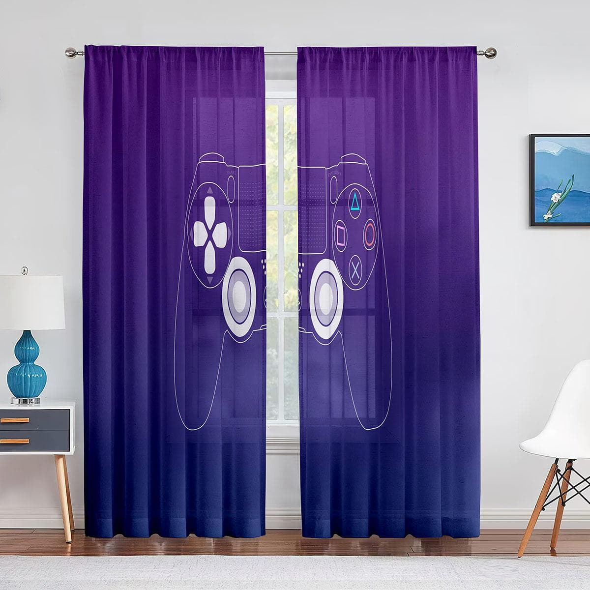 Boys Gamer Tulle Curtains for Living Room Decor Gaming Controller Video Game for Kids Sheer Voile Curtain Window Drapes Blinds 1 PCS W150XH250cm&Grommet Top