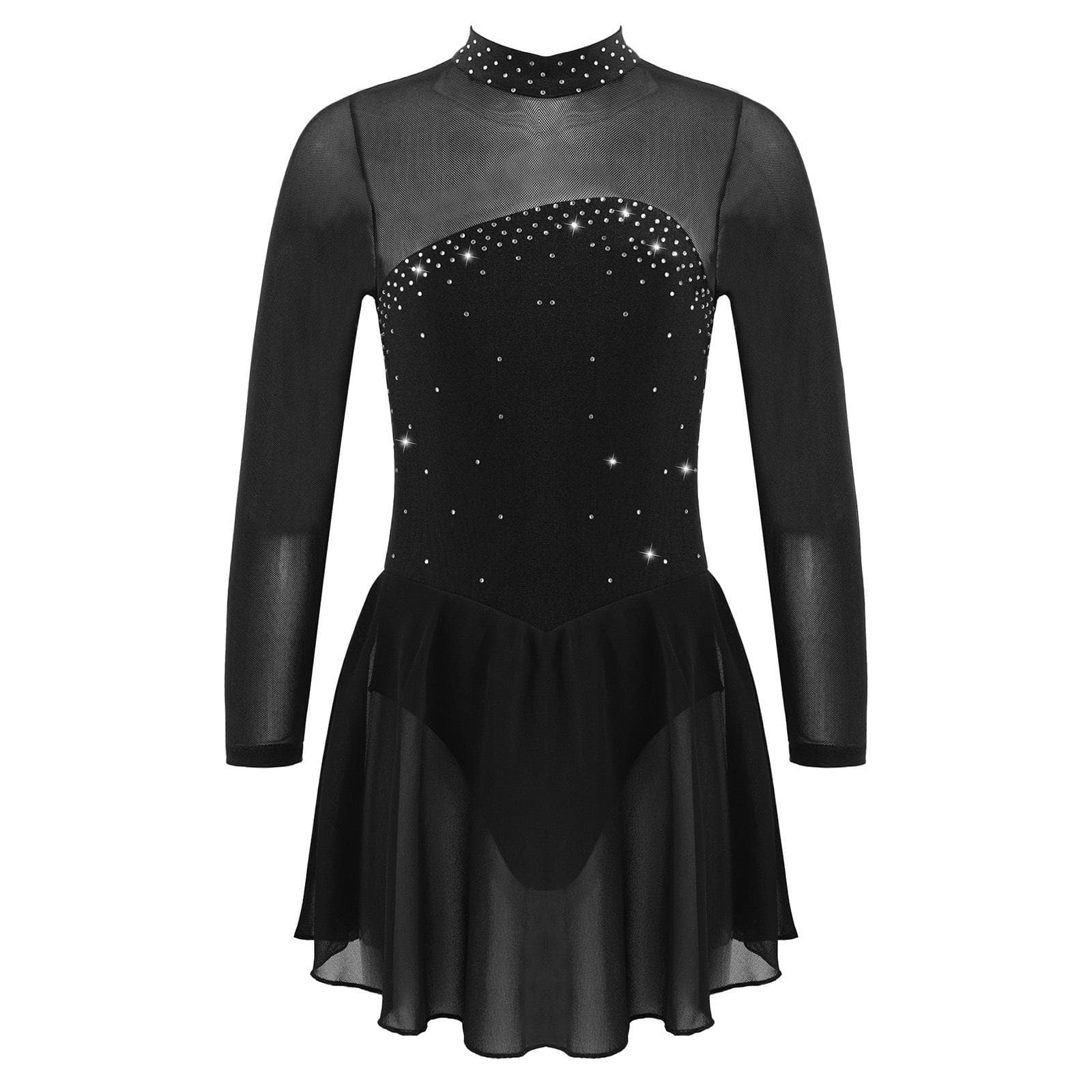 Girls Sparkling Mesh Dance Dress Long Sleeve Keyhole Back Leotard for Ice Skating Ballet Costume 13-14 Years black