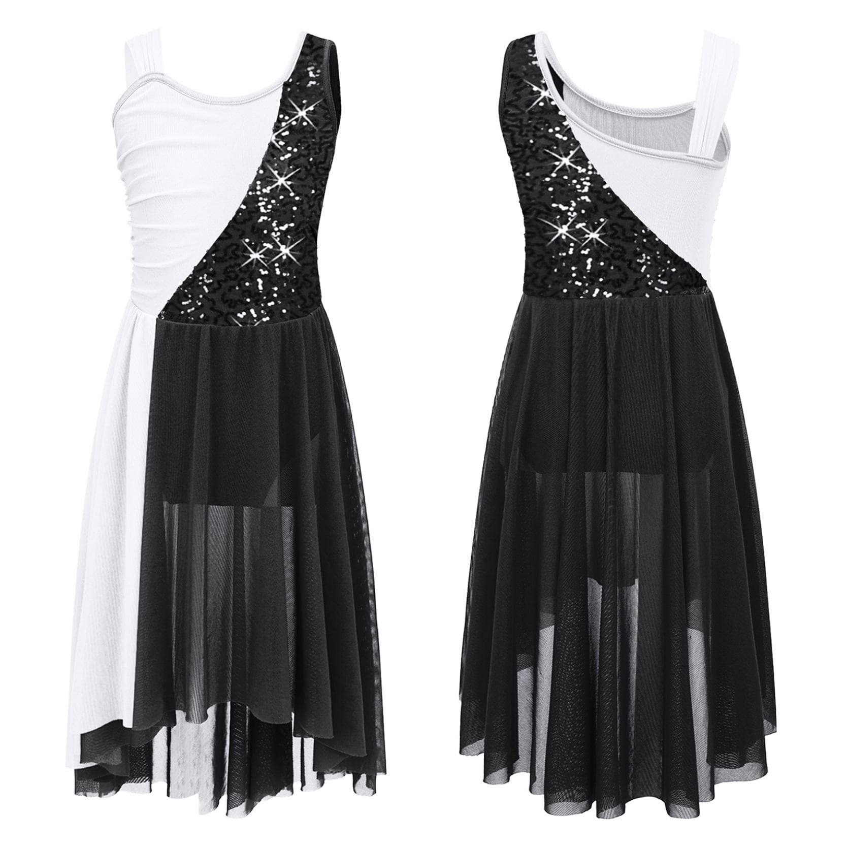 Kids Girls Sleeveless Chiffon Lyrical Dance Costumes Color Block Leotard Dress Modern Contemporary Dresses 5-6 Years black