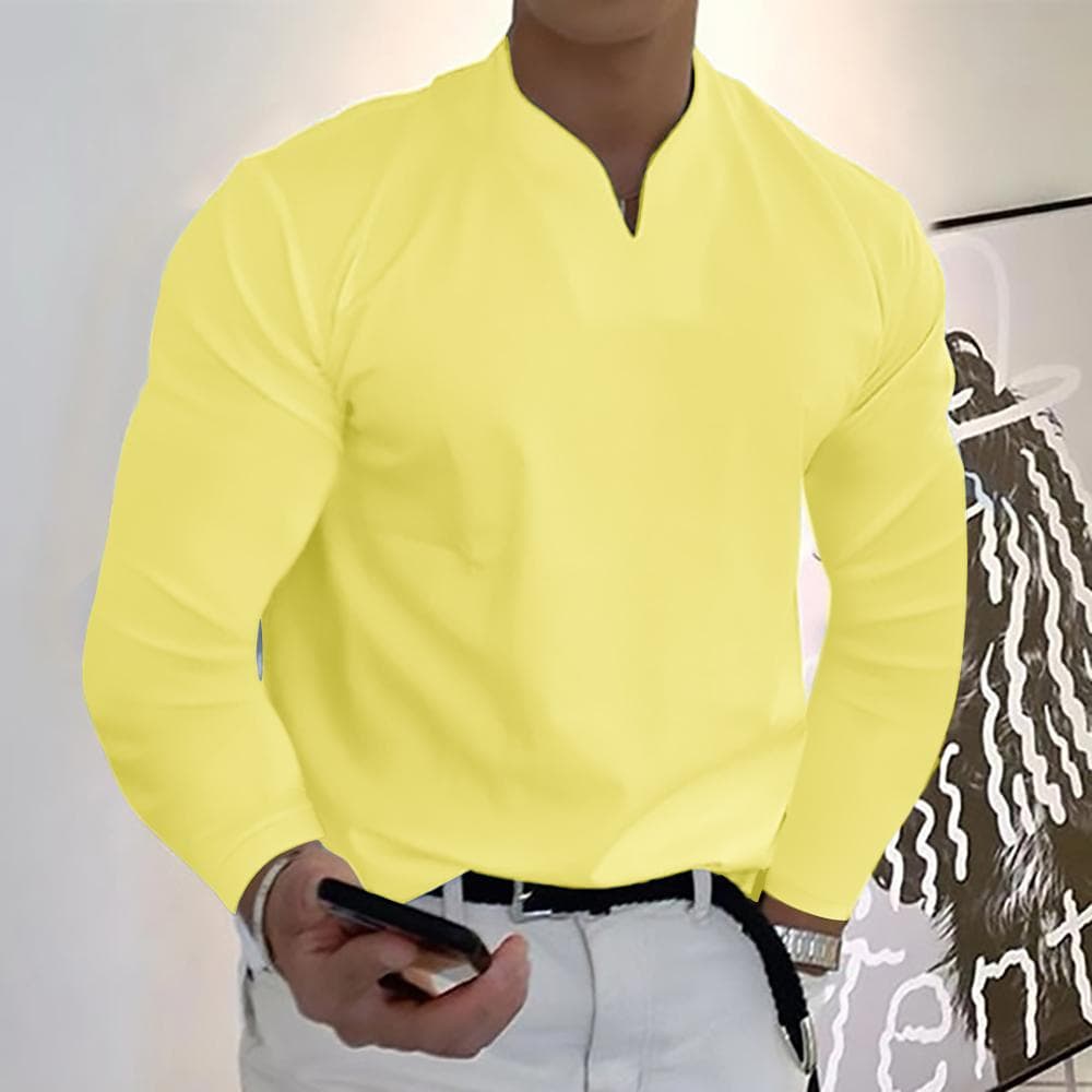 Order A Size Up,Men's Clothes Spring Autumn V-neck Loose Fit Long Sleeve T-shirts Solid Color Tops Casual Tees Shirts Mens Shirts XL yellow