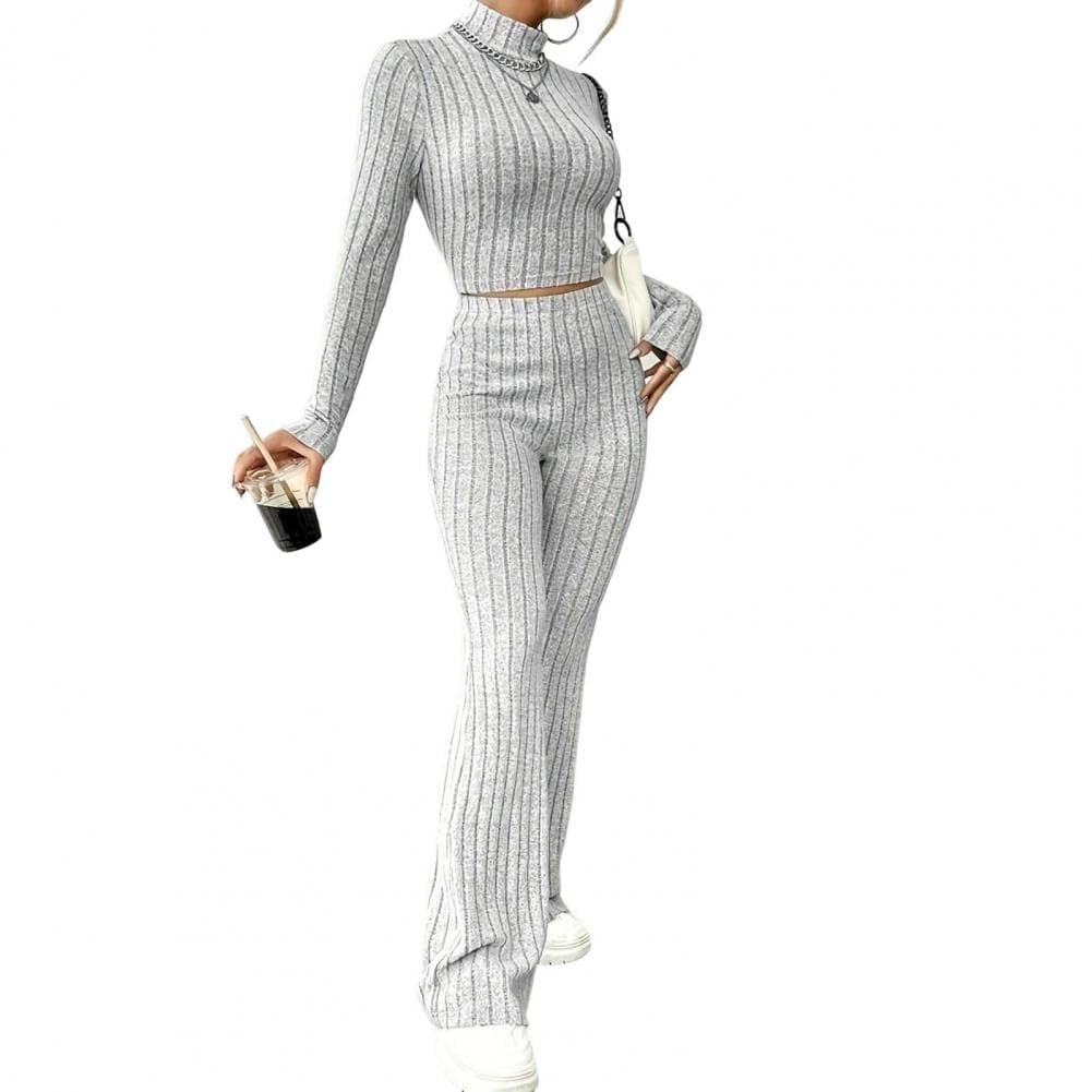 2 Pcs/Set Fall Winter Women Top Pants Set Half-high Collar Long Sleeves Slim Fit Sweatshirt High Waist Solid Color Striped Trous S light grey