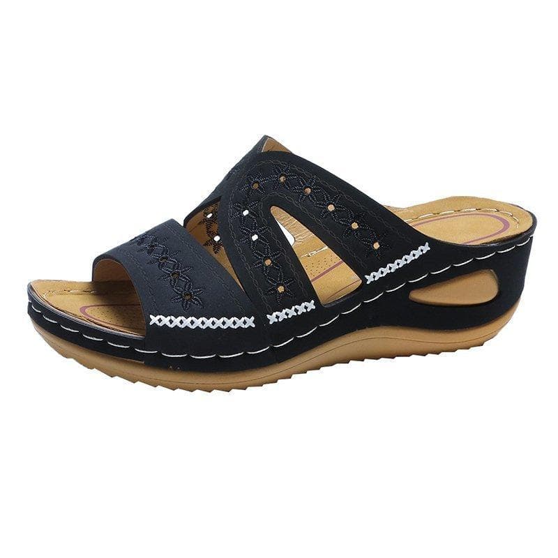 Summer Women Wedge Sandals Premium Orthopedic Open Toe Sandals Vintage Anti-slip Leather Casual Female Platform Retro Shoes 35 black