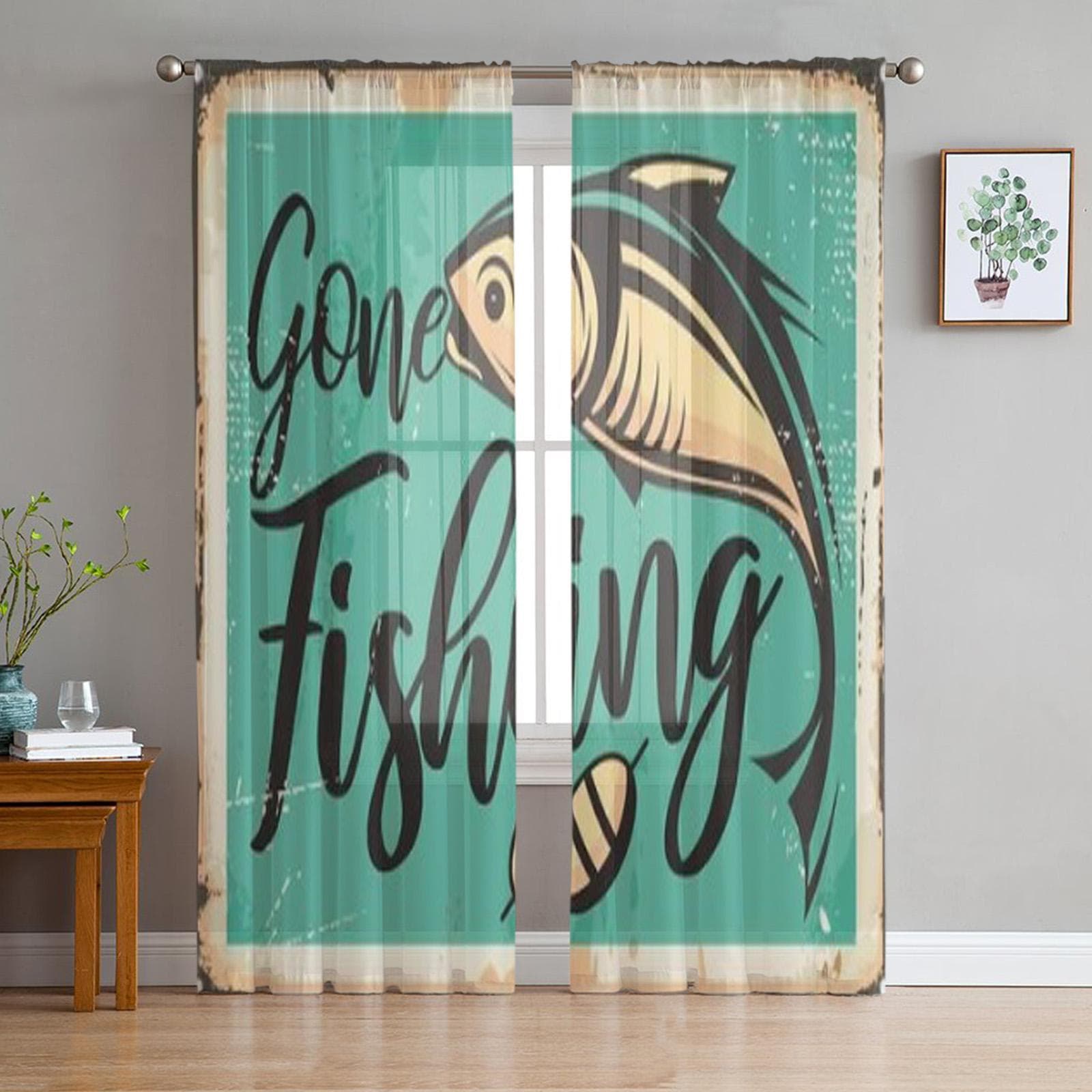 Gone Fishing Vintage Tulle Curtains For Living Room Sheer Curtain Bedroom Veil Organza Decorative Window Treatments 135W x 114H(cm)
