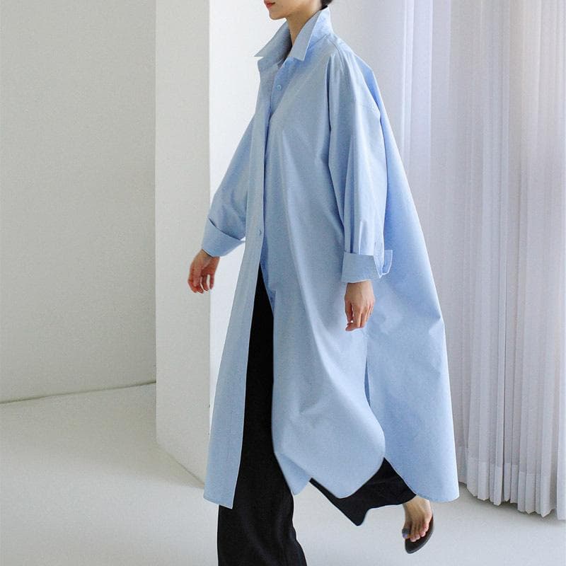 Long Solid Color Shirt Women's Spring and Summer New Casual Knee Slit Shirt Skirt Versatile Large Size XL blue