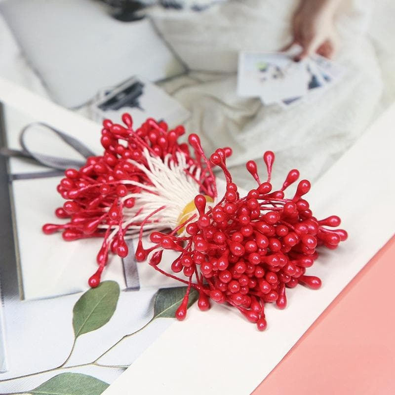 120Pcs Double Heads DIY Artificial Mini Pearl Flower Stamen Pistil Floral Stamen Fruit Cherry For Wedding Christmas Decoration