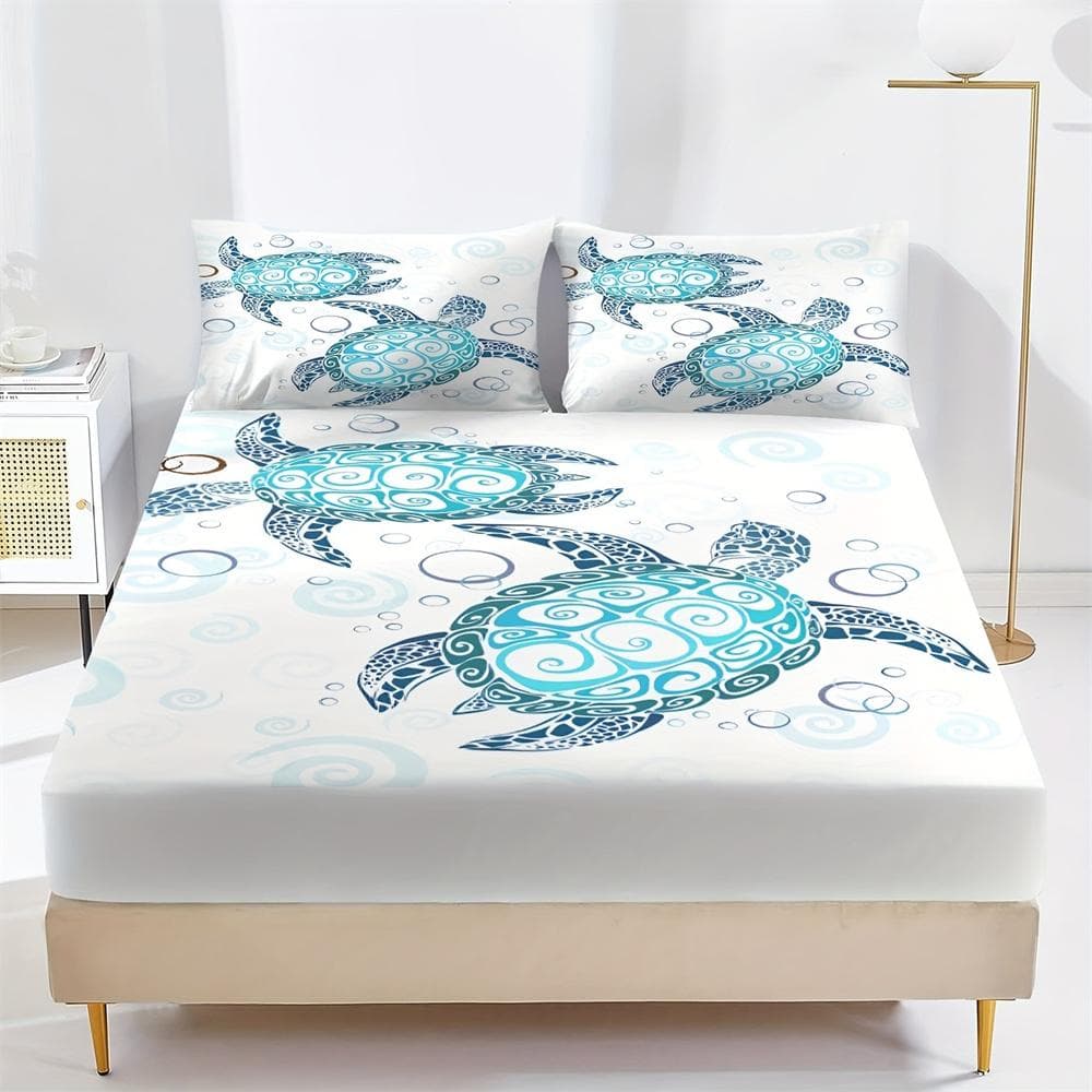 Fashion Style Sea Turtle Print Fitted Sheet Set Mattress Covers Comfortable Breathable Bedding Set With Deep Pocket For Bedroom Twin99x190cm