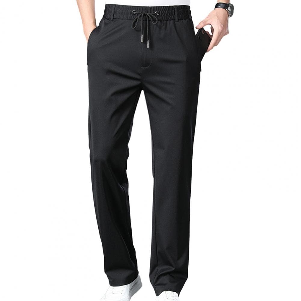 Men Stretchy Casual Pants with Pockets Drawstring Design Solid Color Fast Dry Trousers Full Length Straight Pants XXL black