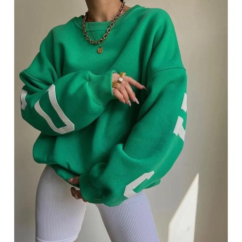 Women Grunge Loose Pullover Sweatshirts Back Letter Print Casual Thickened Long Sleeve Tops Autumn Streetwear S green