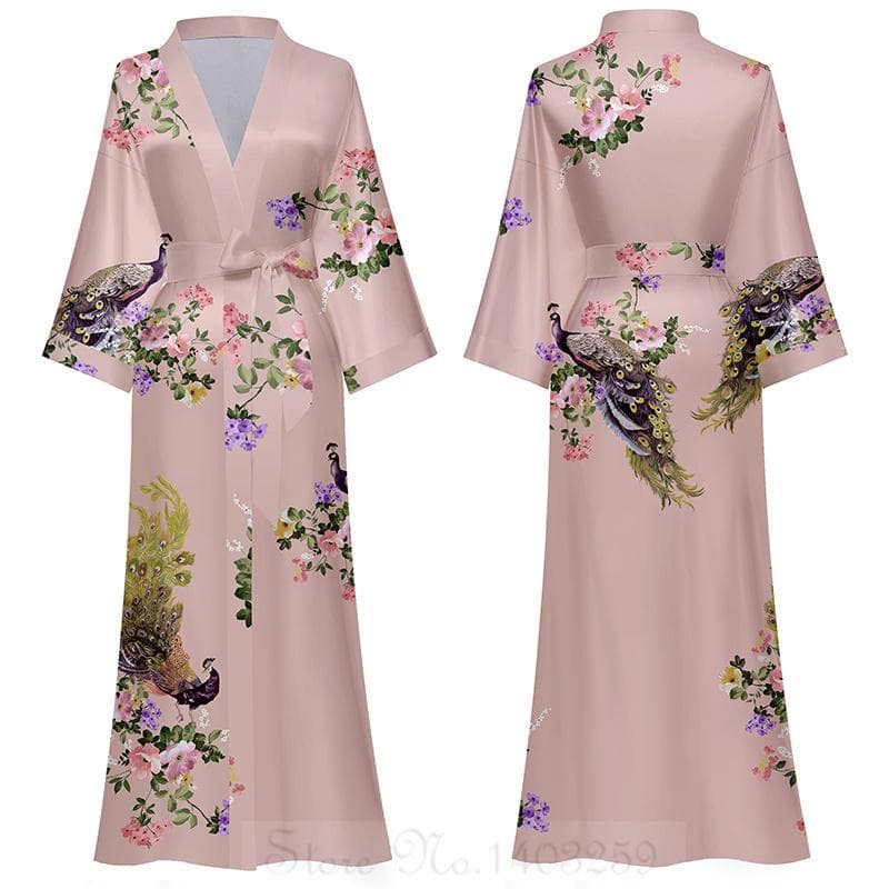 Chinese Style Print Women Long Robe Nightgown Retro Satin Sleepwear Nightdress Half Sleeve Kimono Bathrobe Gown Loose Home Wear One size