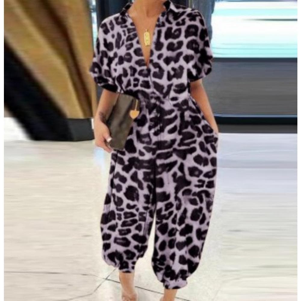 New Leopard Print Jumpsuit Women Retro Women Short Sleeve Button Casual Pants Loose Large Size S purple