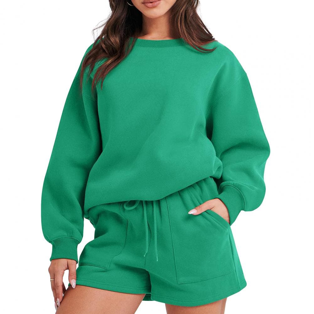 2 Pcs/Set Women Sweatshirt Shorts Set Loose Solid Color Drawstring Elastic Waist Long Sleeve Round Neck Elastic Cuff Soft Pocket M green