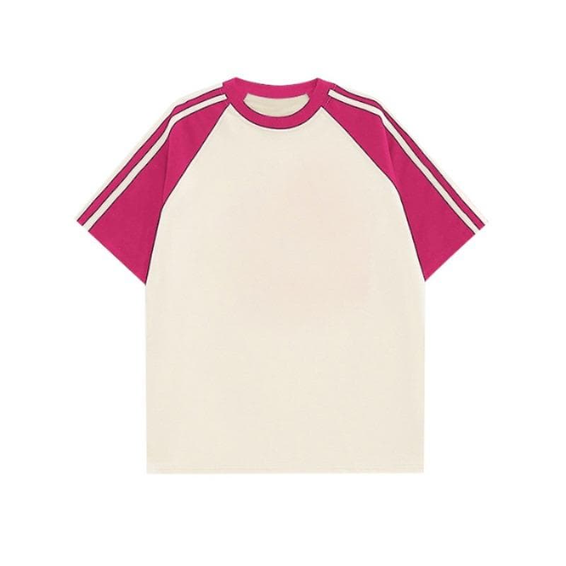 Solid-colorPure Cotton Textured CollaredShoulder Insertion, Contrasting Color Striped Short-sleeved T-shirts for Men and Women M apricot/rose red