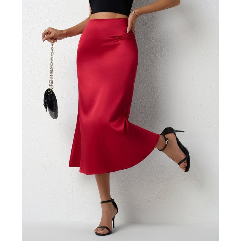 Women's Satin Skirt with Tail Fish Tail for Spring and Summer XXL red