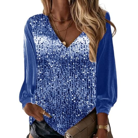 Fall Spring Women Top Shiny Sequin V Neck Long Sleeve Patchwork Loose Pullover Soft Breathable Mid Length Lady Commute Shirt Blouse M royal blue