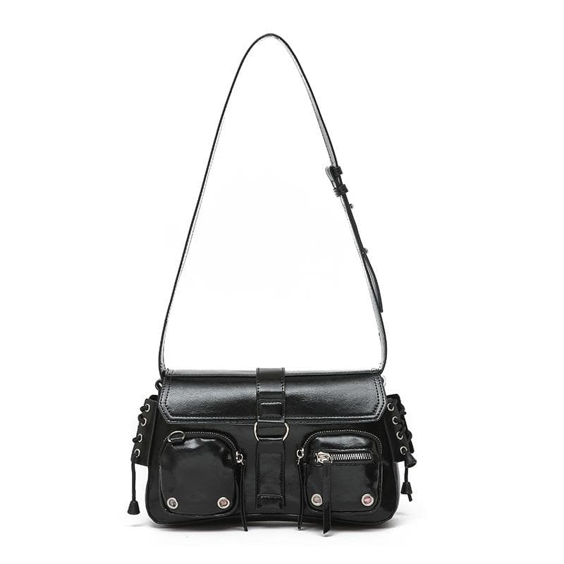 Underarm Bag, Baguette Bag, Female Niche Design Motorcycle Bag, Single-shoulder Bag, Crossbody Bag black