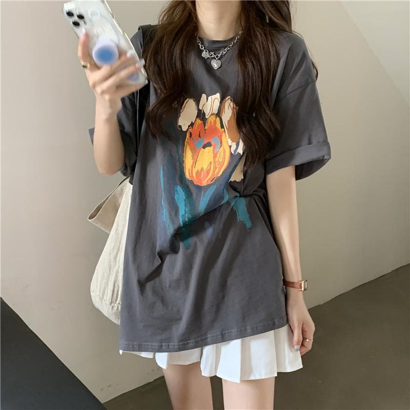 New Summer Top Short-sleeved T-shirt Women's New Retro Large Version Loose Mid-length Style 3XL grey