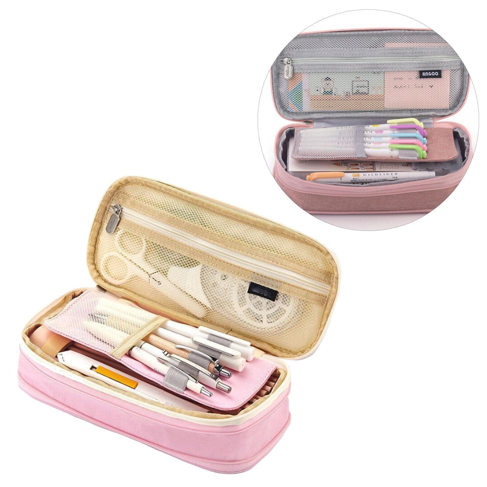 Pencil Bag 2 Tier Large Capacity Metal Zipper Mesh Pocket Portable Large Pencil Case for Students
