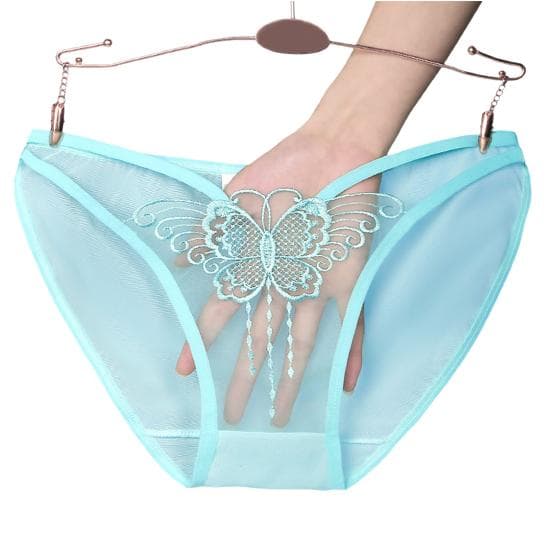 Mid-rise Seamless Embroidery Butterflies Print Women Briefs Ultra-thin Transparent Sexy Underpants M light green
