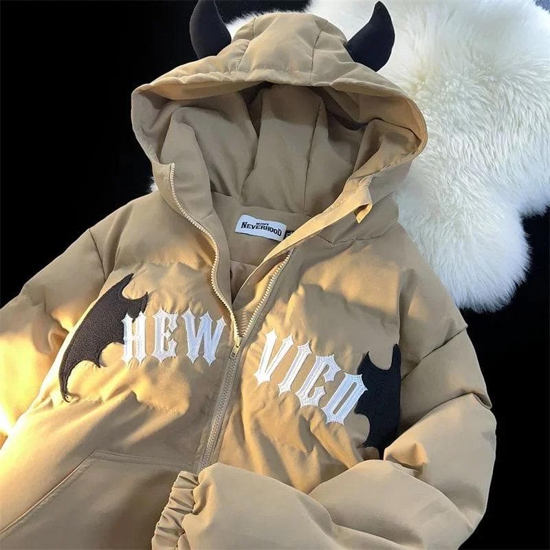 FiveFive Couples Winter Casual Hooded Jacket Embroidered Cotton-padded Y2K Jackets Coats Jacket In Winter M khaki