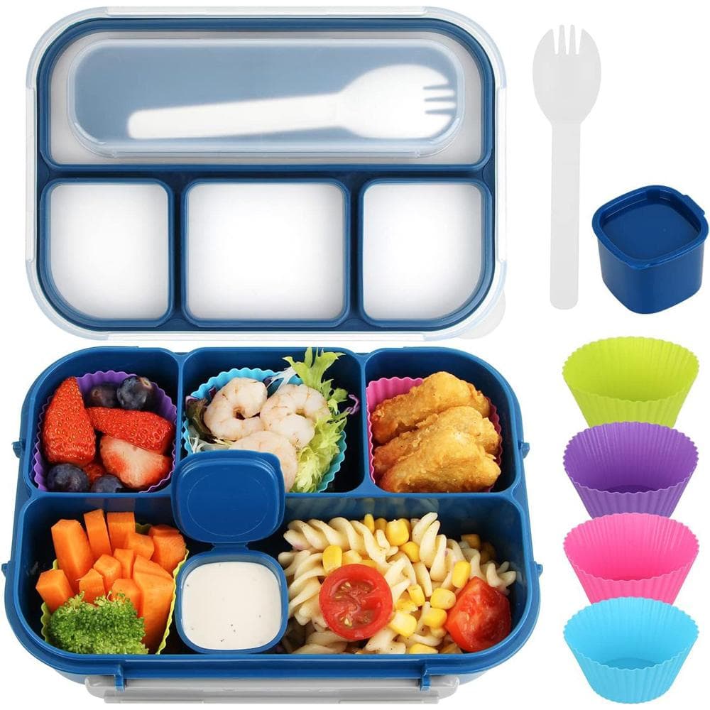 7Pcs Bento Box Set for Adults & Kids, Lunch Box with 4 Compartments, Utensils, Sauce Jar, Muffin blue