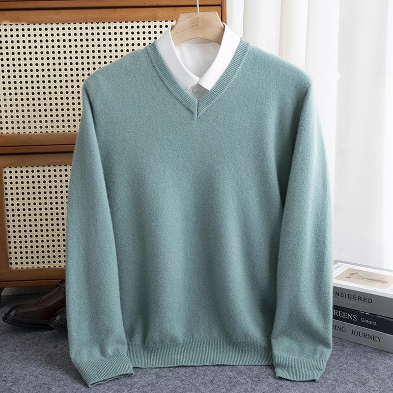 Men Merino Wool Sweater V-Neck Pullover Autumn Winter Cashmere Warm Solid Knitwear Clothes Business Bottoming Soft Tops M