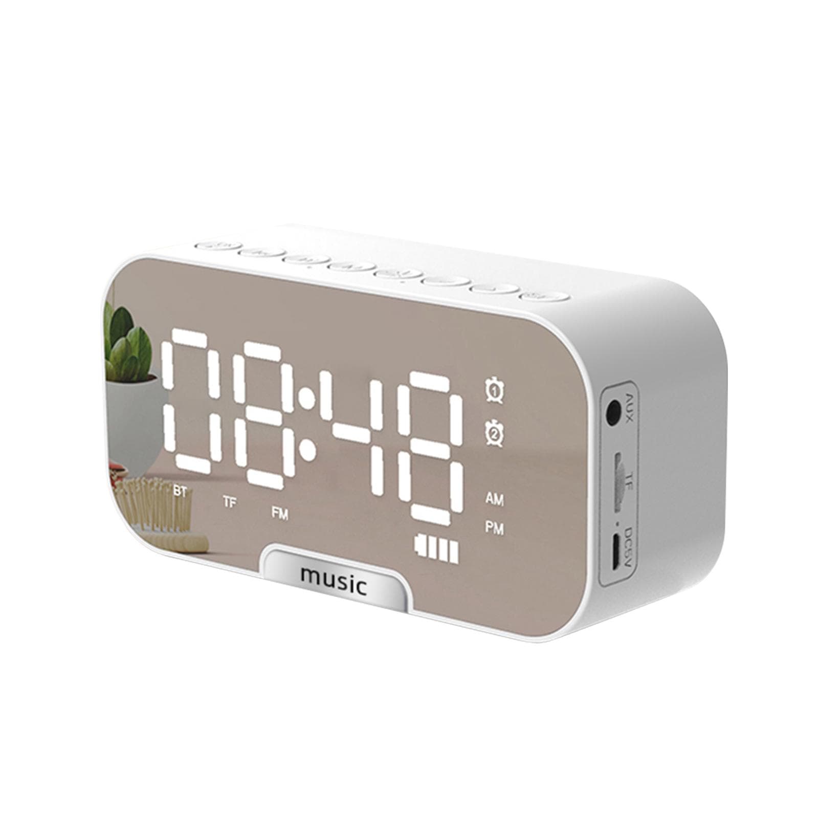 Digital Mirror Surface Alarm Clock with BT Speaker & FM Radio Dual Alarms Electronic Desktop Clock 2400mAh white