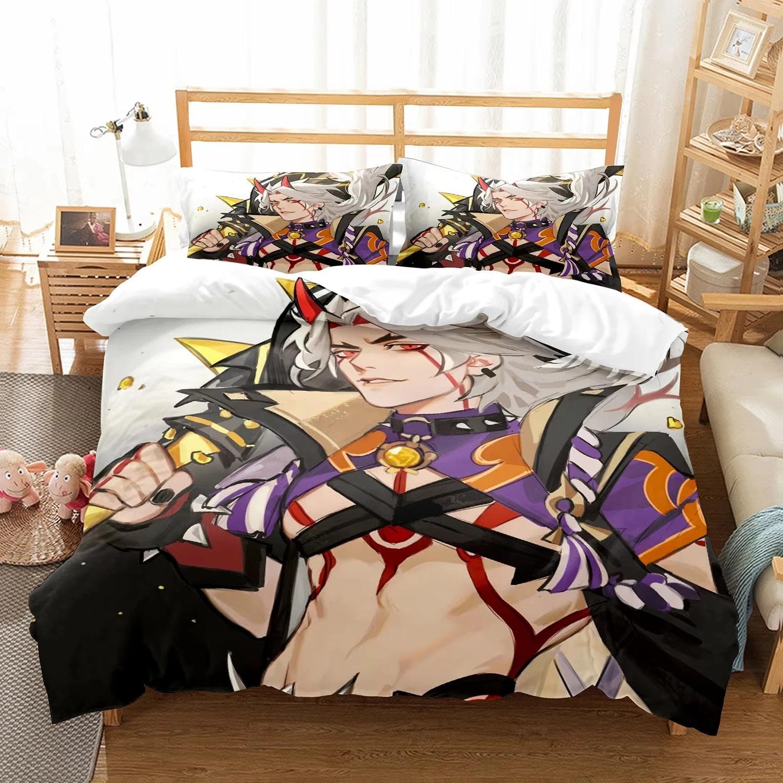 New 3d Printing Anime Genshin Impact Arataki Itto Pillowcase Bedding Set Cartoon Customize Bedding Decoration Cute Quilt Cover 70x133cm 2pcs