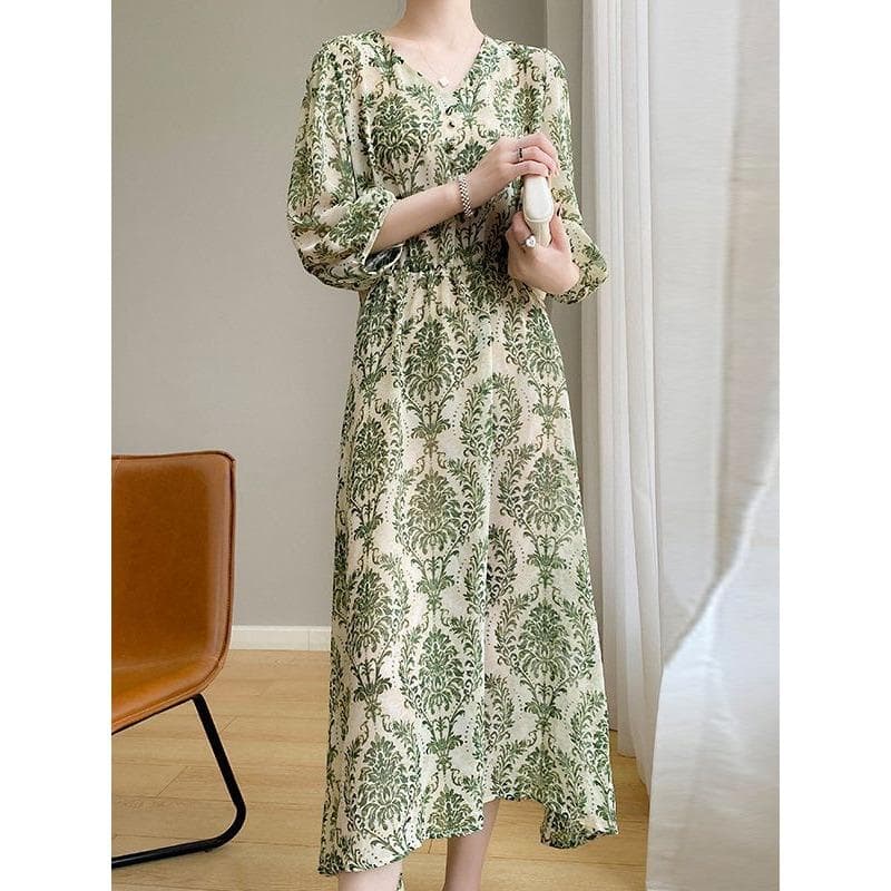 Acetic Acid Satin V-neck Dress for Women's Summer New Versatile Floral Midi Skirt High-end Light Luxury Long Skirt Three-quarter Sleeves XXL green