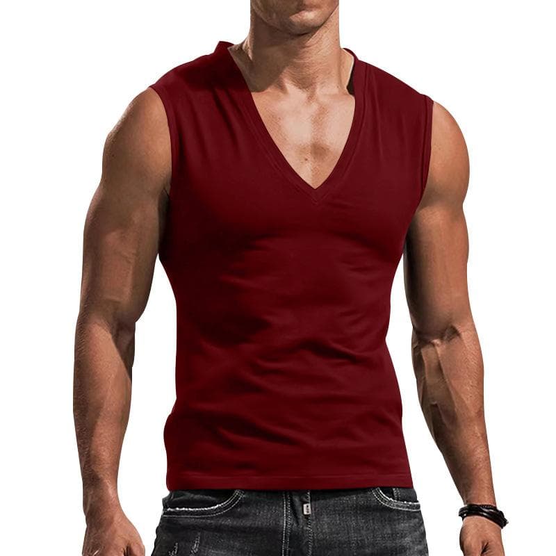Men's Muscle Sleeveless T-shirt Men Summer Loose Tank Top Solid V Neck Vest Tee Men Tops L wine red
