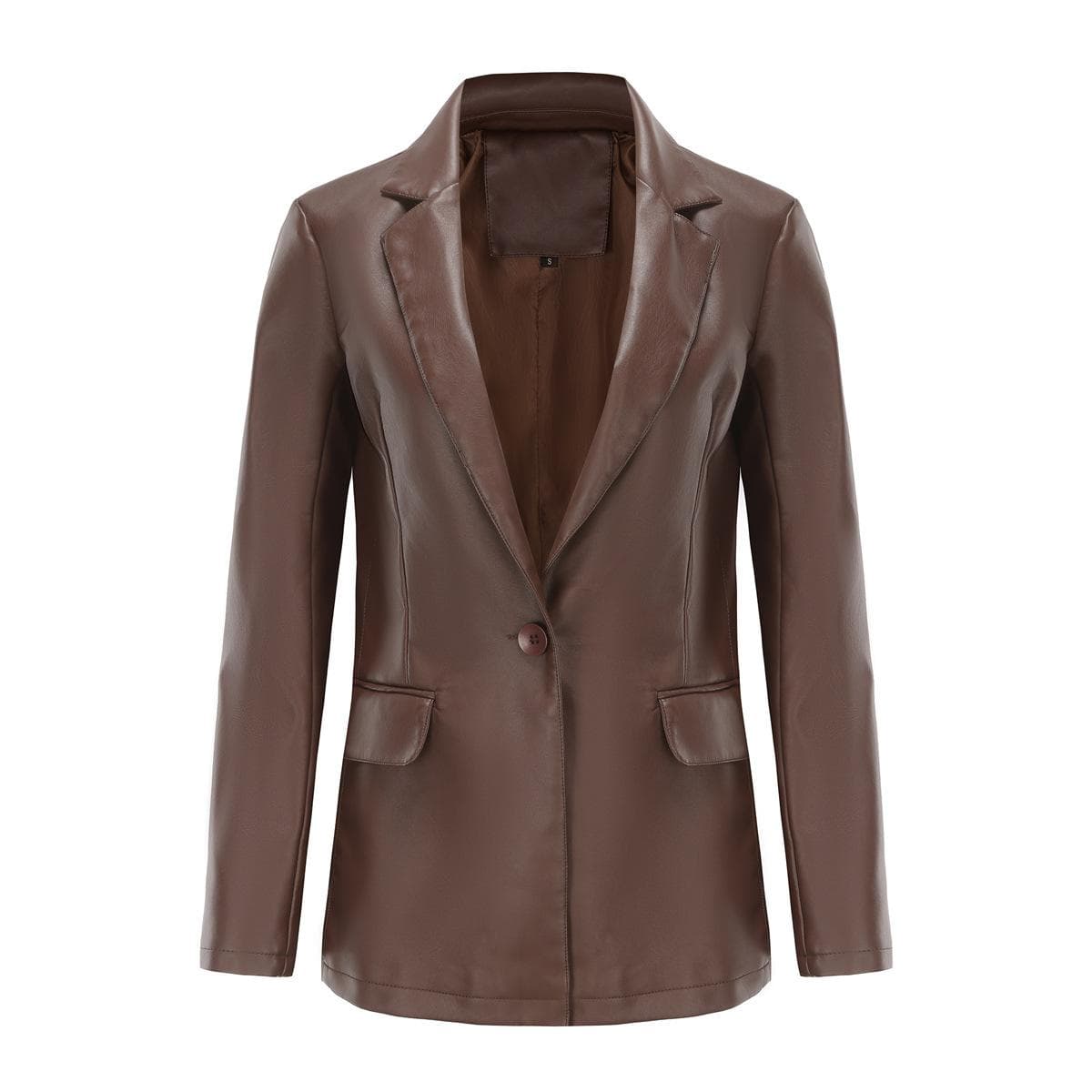 Women's Solid Color Single Button Leather Jacket for Commuting and Leisure L brown