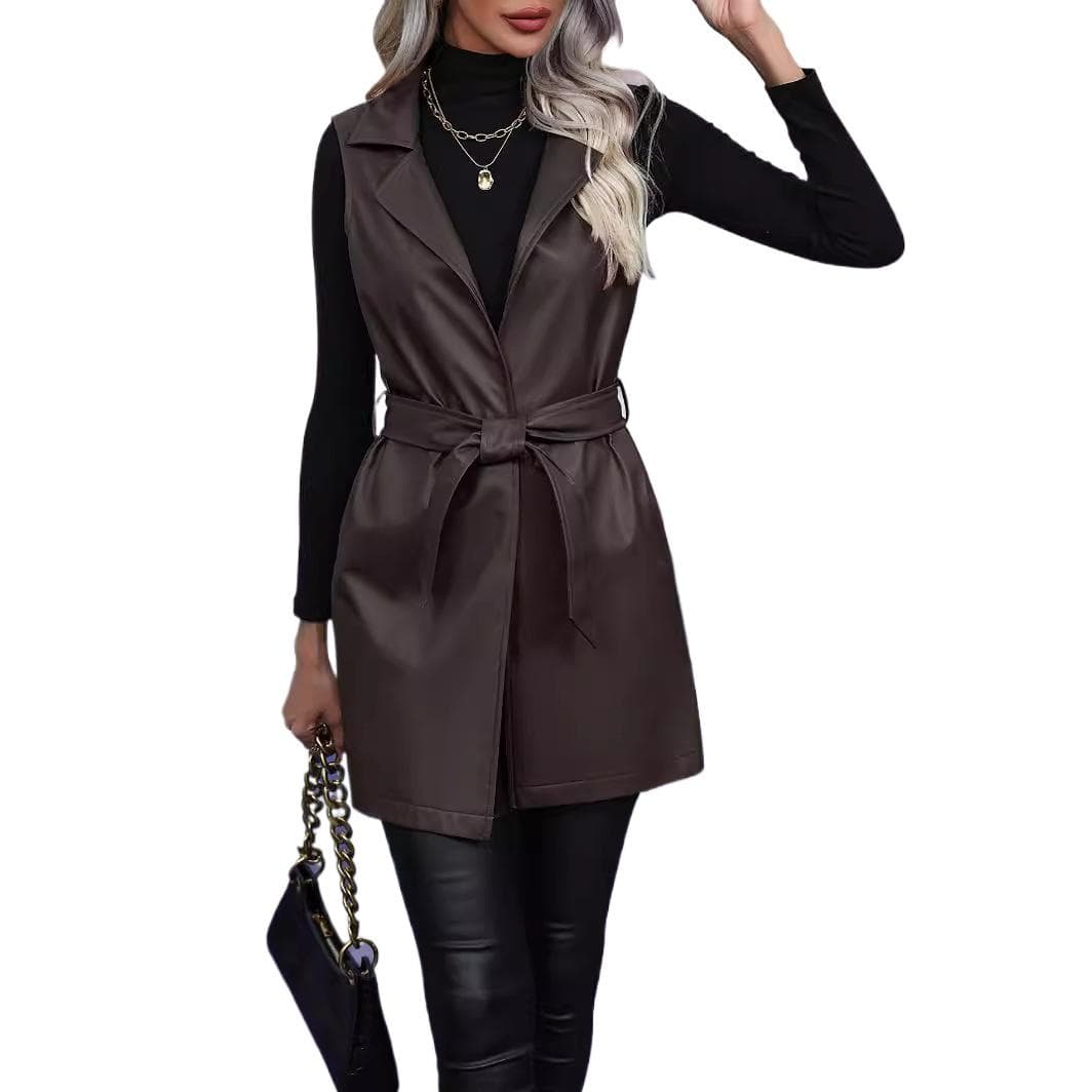 Women PU Leather Vest Female Sleeveless Waistcoat Faux Leather Blazer Plus Size L coffee