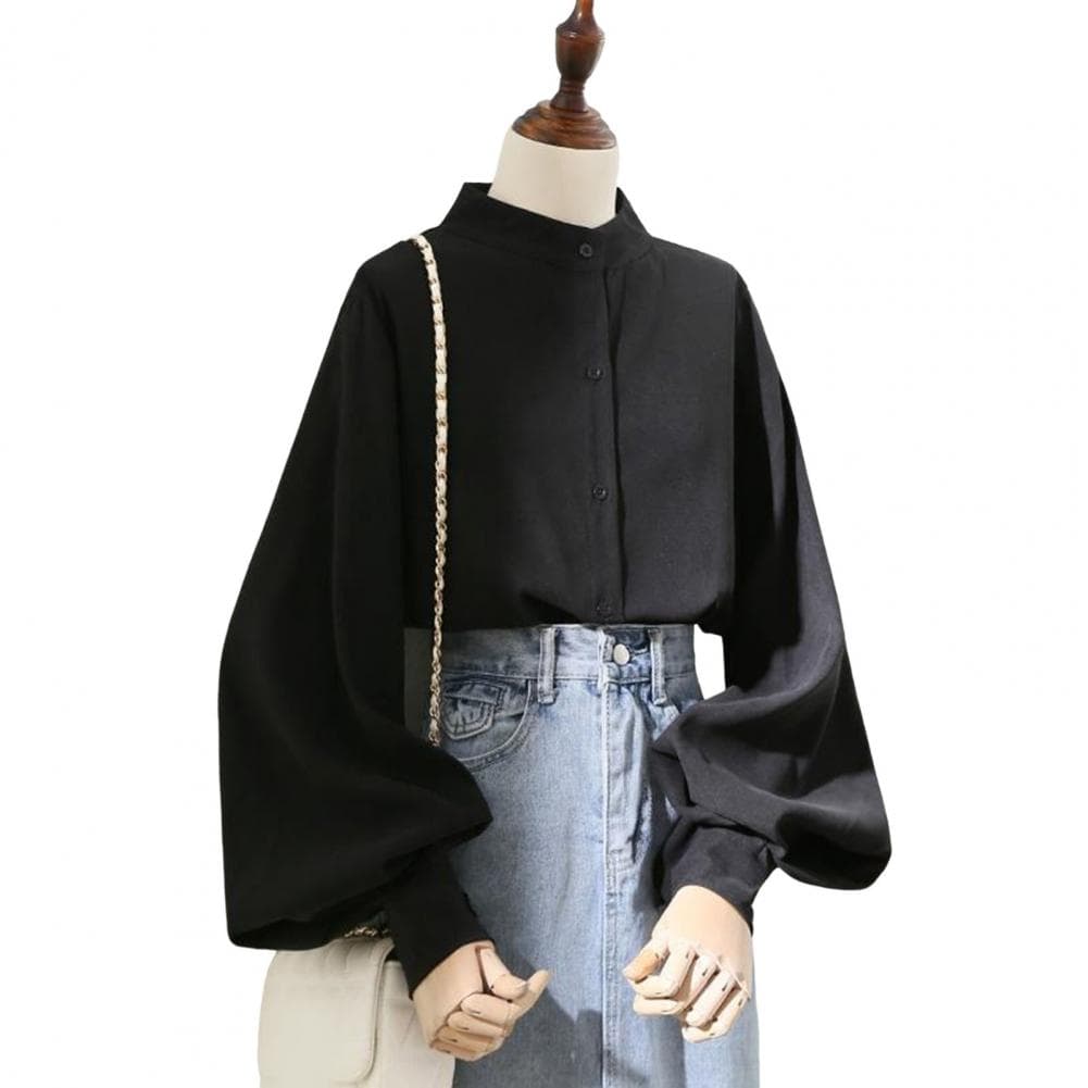 Women Shirt Stand Collar Lantern Long Sleeve Solid Color Shirt Loose Fit Single Breasted Office Lady Shirt S black