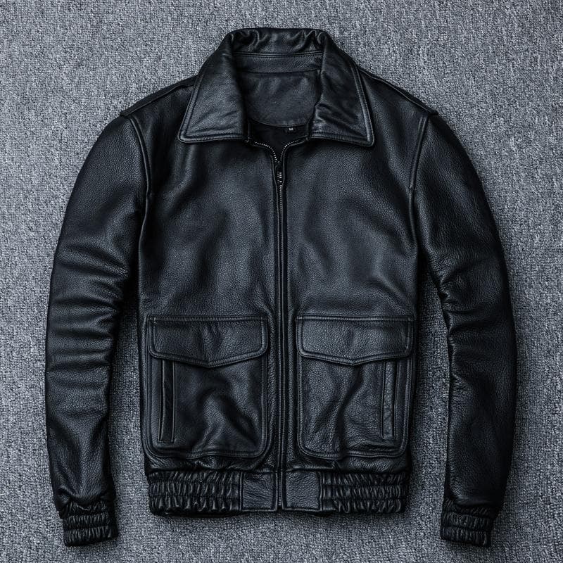 First Layer Cowhide Genuine Leather Jacket Men's Flight Suit Lapel Leather Jacket New Large Size Jacket XL black