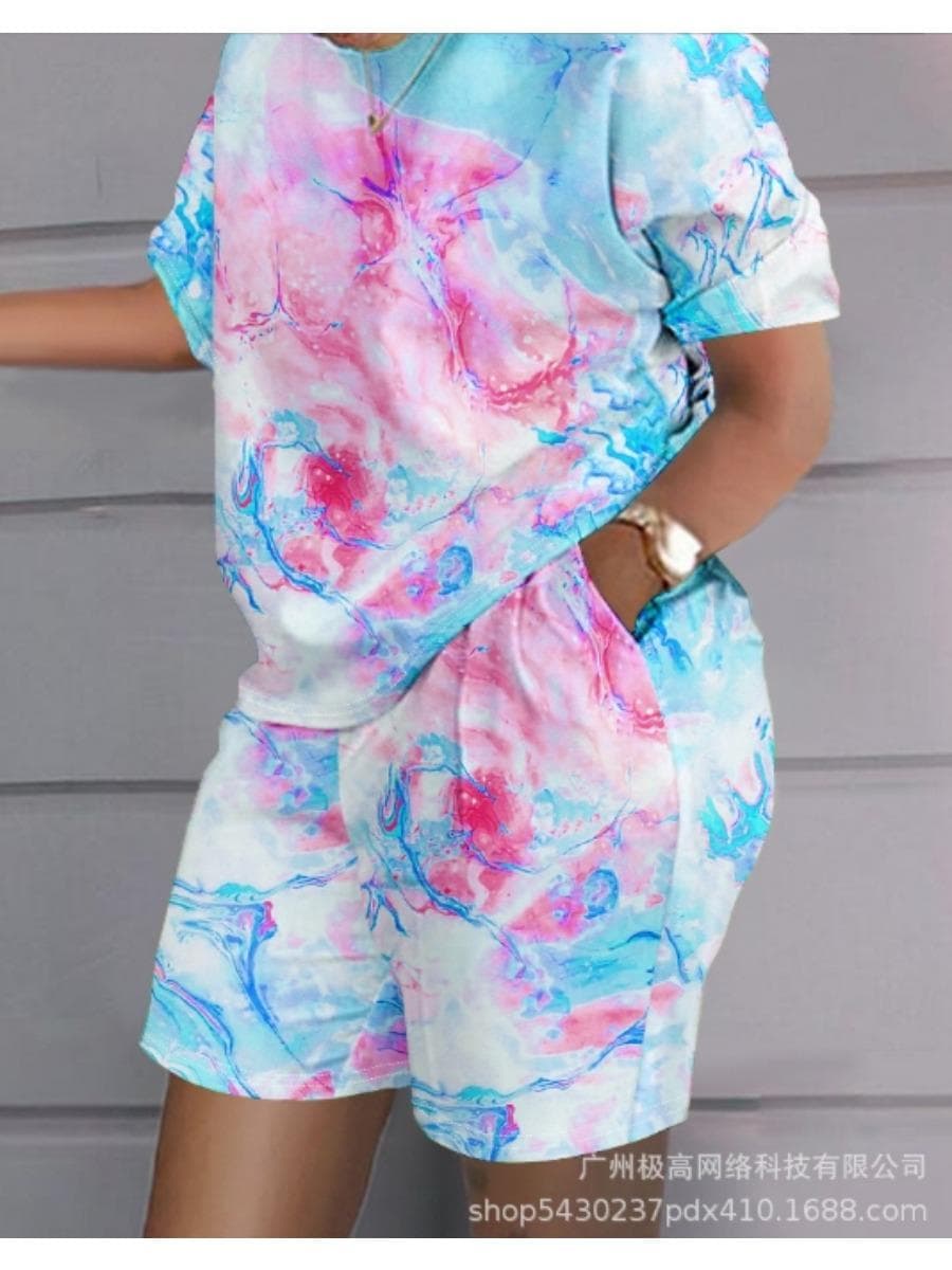 Urban Commuting Fashion Women's 2-Piece Spring Summer Latest 3D Print Casual Short Sleeves Top & Loose Shorts Set 5XL