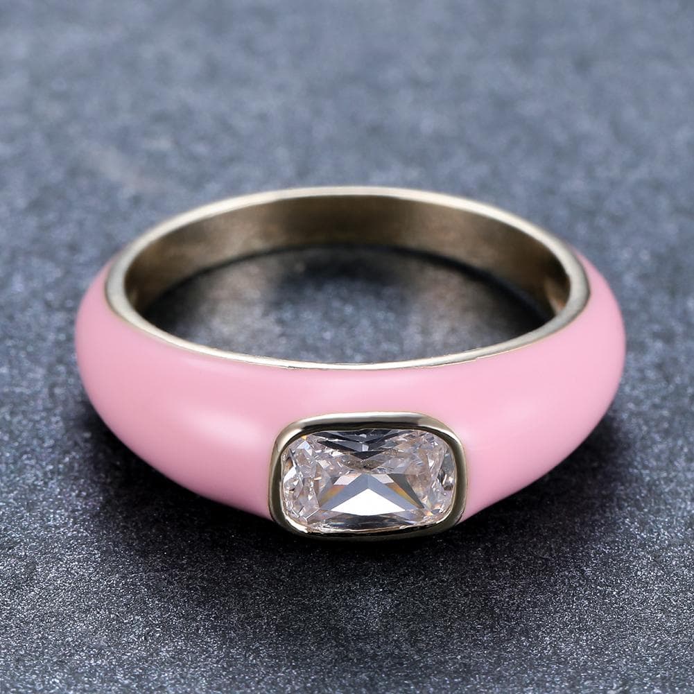 Simple Fashion Retangle Cut White Stone Claw Ring Gold Color Wide Rings Aqua Blue Enamel Rings Wedding Jewelry 6 pink