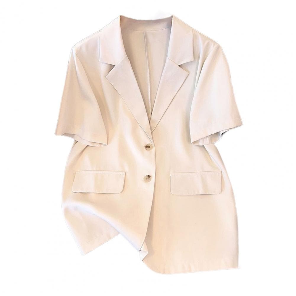 Women Suit Coat Lapel Short Sleeve Single-Breasted Cardigan Jacket with Fake Pocket Solid Color Loose Fit Suit Jacket M apricot