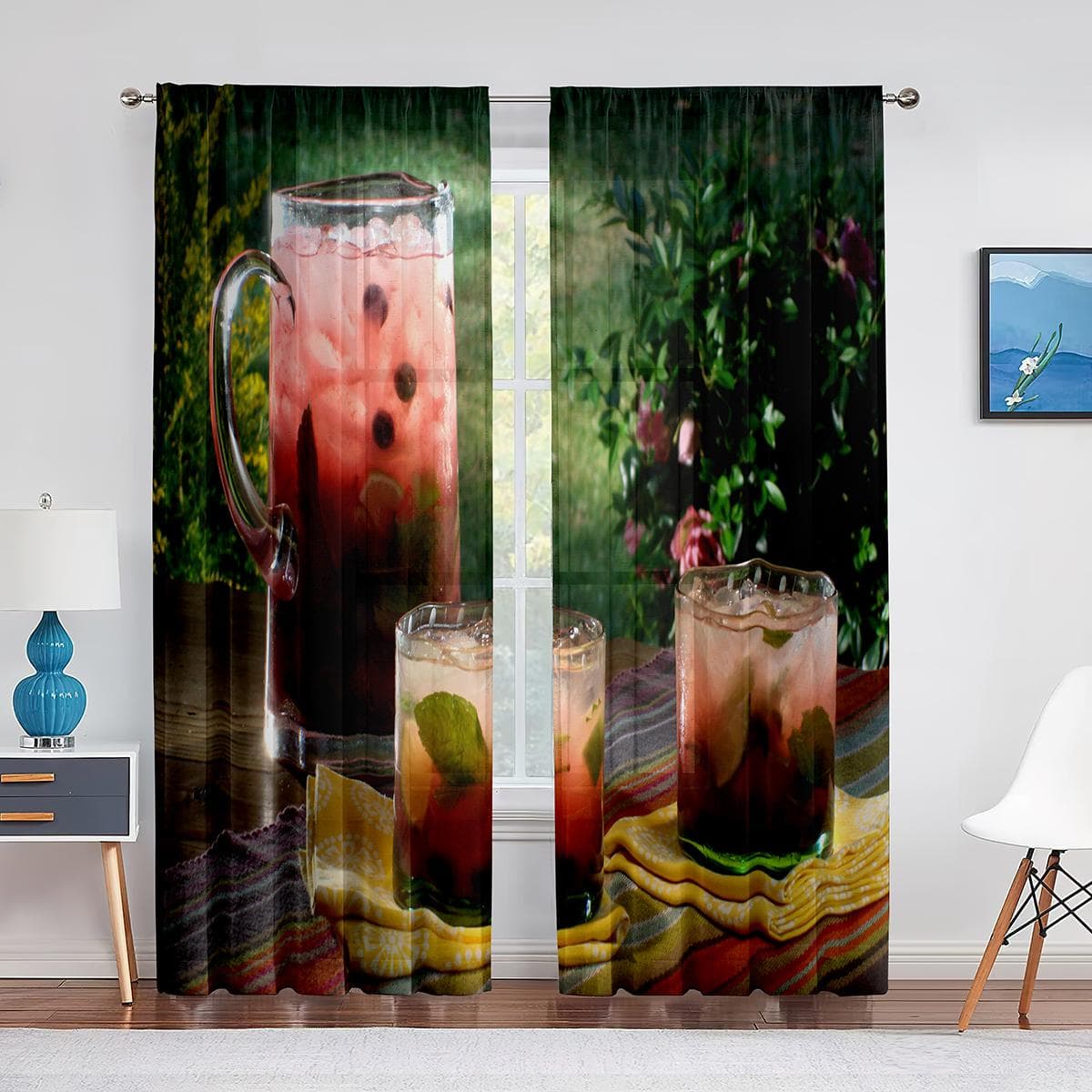 Cocktails Close-up Ice Smoothies Raspberry Tulle Curtains for Bedroom Hall Living Room Decor Sheer Voile Curtain Kitchen Drapes 1 PCS W100XH250cm&Grommet Top