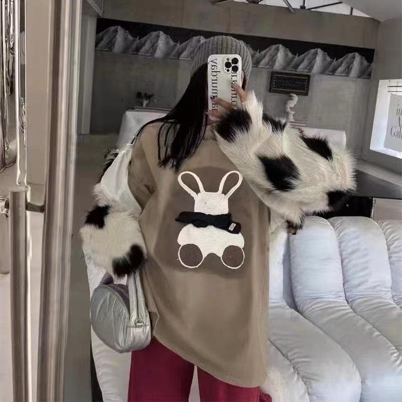 Short-sleeved Clothes for Women In Spring and Summer New Style Rabbit Couple Loose Thickened T-shirt Top 4XL brown