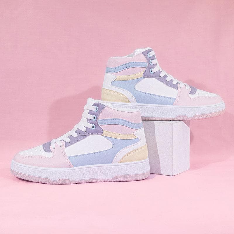 Women Platform Sneakers Fashion Mixed Color Leather High-top Skate Shoes Girls Casual Flat Trainers Walking Jogging Sports Shoes 40 purple