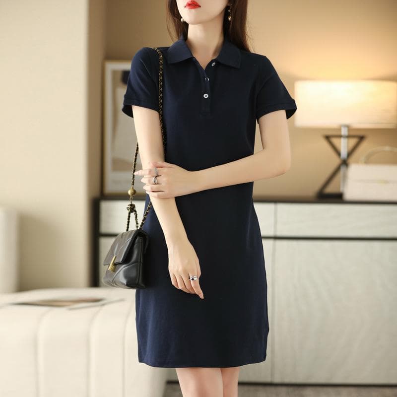Polo Collar Mid-length Dress for Women's Summer New Casual and Versatile A-line Skirt Simple and Atmospheric Thin Lapel Skirt XXL