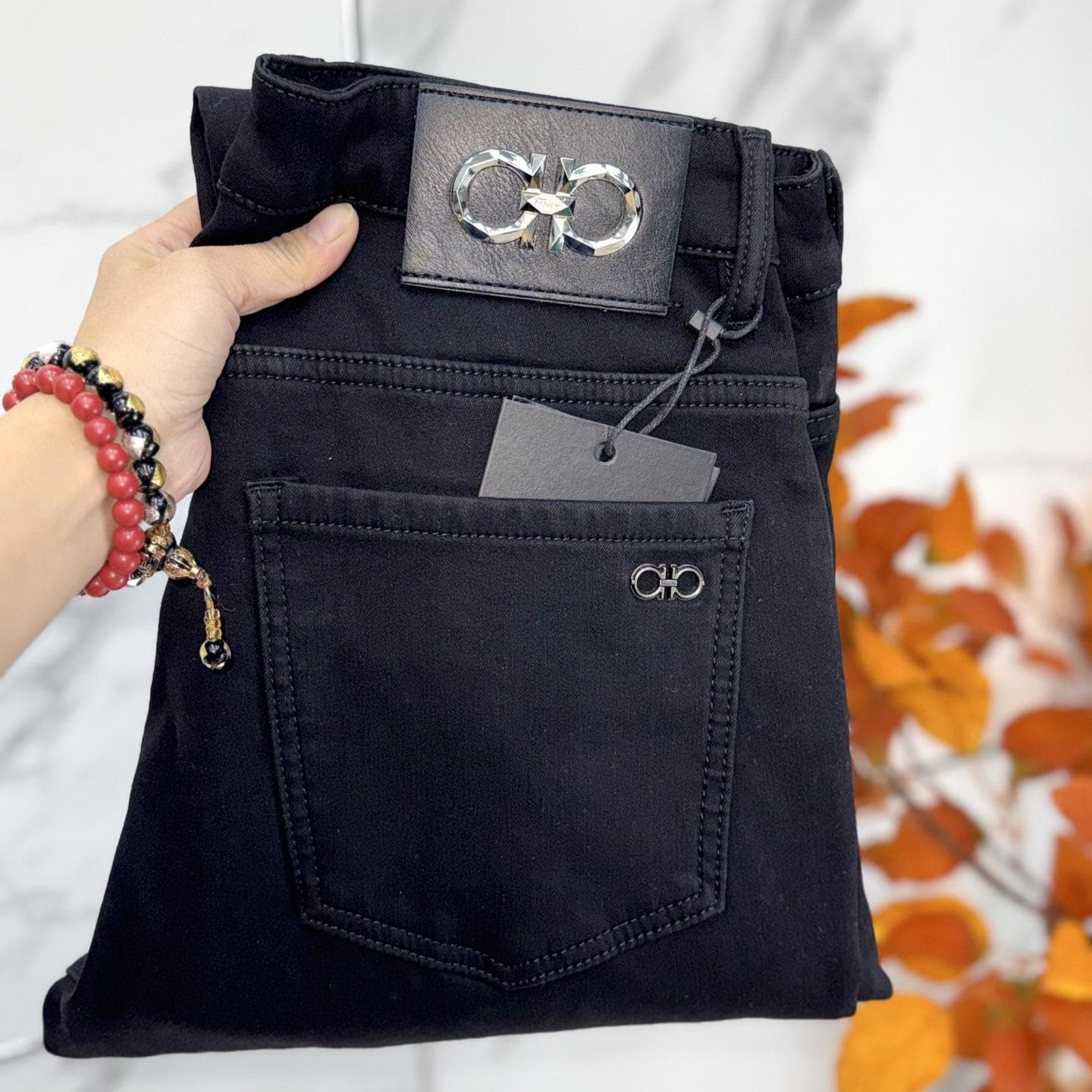Men's Slim Straight Stretch Jeans with Gold Embroidery - Spring/Autumn Collection 31 black