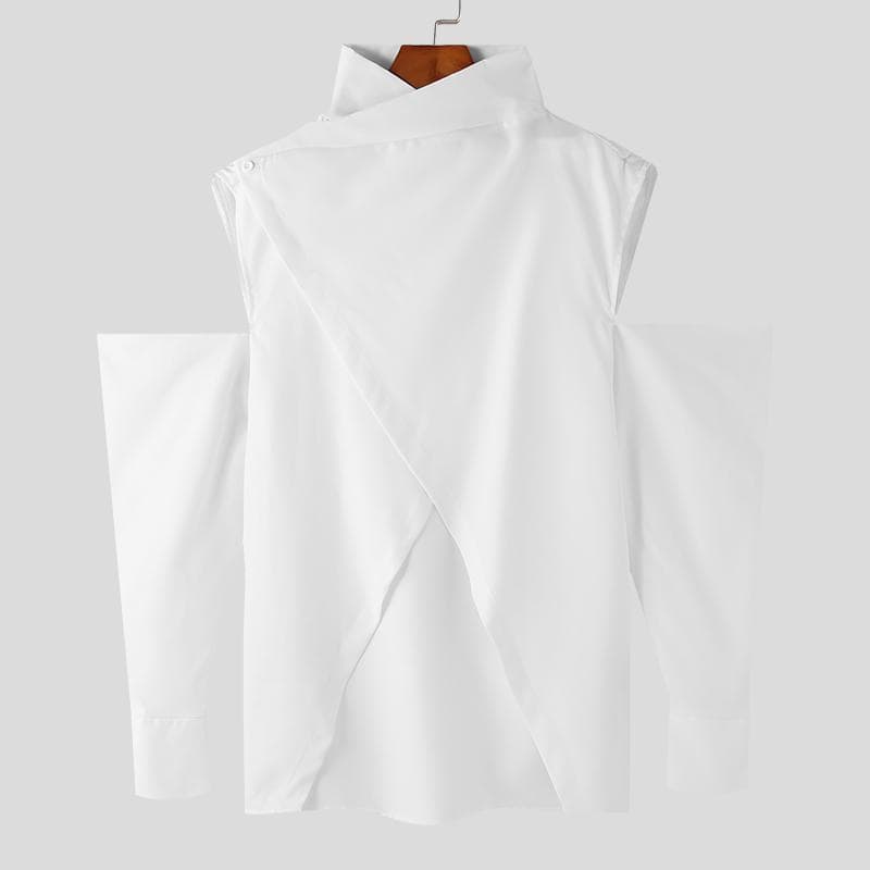 INCERUN Men Cold Shoulder Cutout Long Sleeve Cross Split Irregular Tops 3XL white