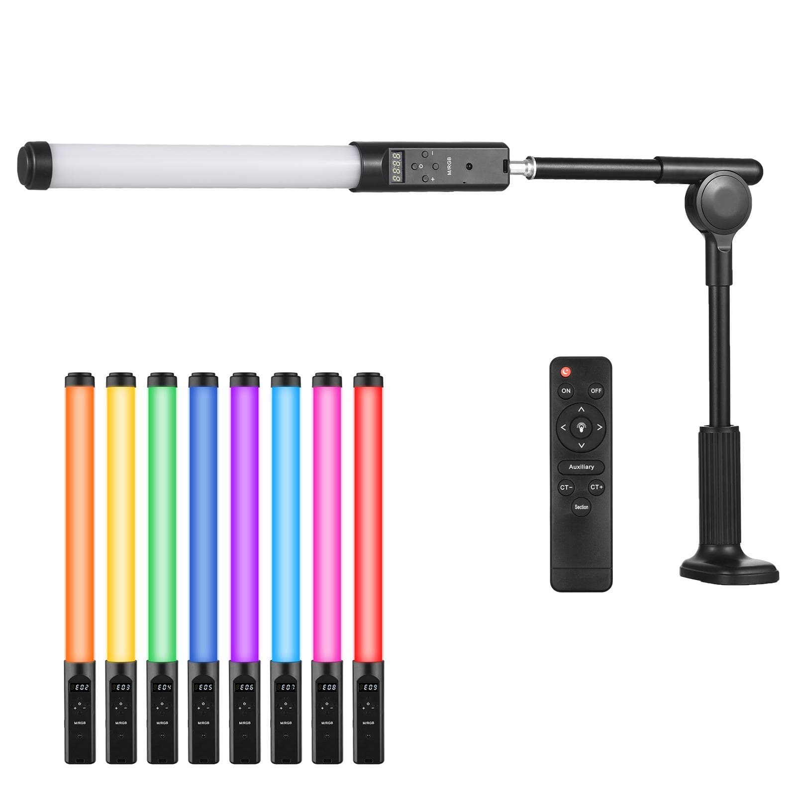Handheld RGB Tube Light with Desktop Clip-on Light Stand Remote Control LED Video Light Wand black