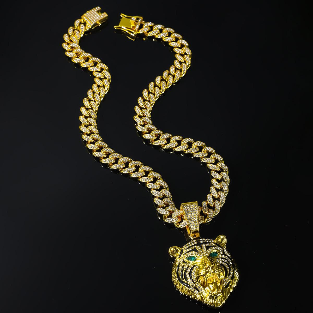 Full Diamond Green Eye Lion Head Cuban Chain Pendant, European and American Hip Hop HIPHOP Necklace Jewelry Environmentally Friendly