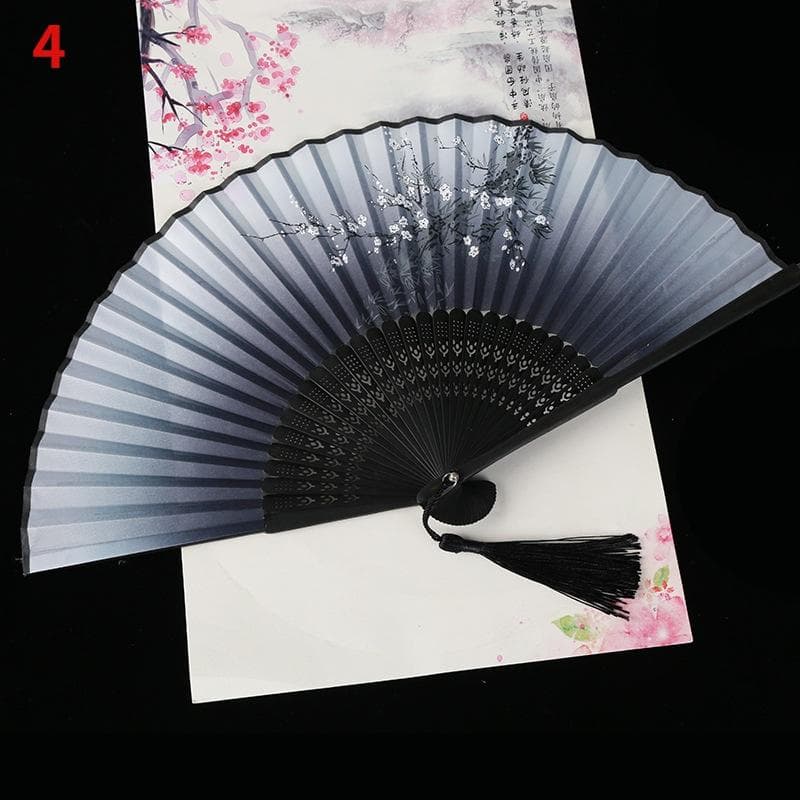 1Pc Vintage Silk Folding Fan Retro Chinese Japanese Bamboo Folding Fan Tassel Dance Hand Fan Home Decoration Ornament Craft Gift 4