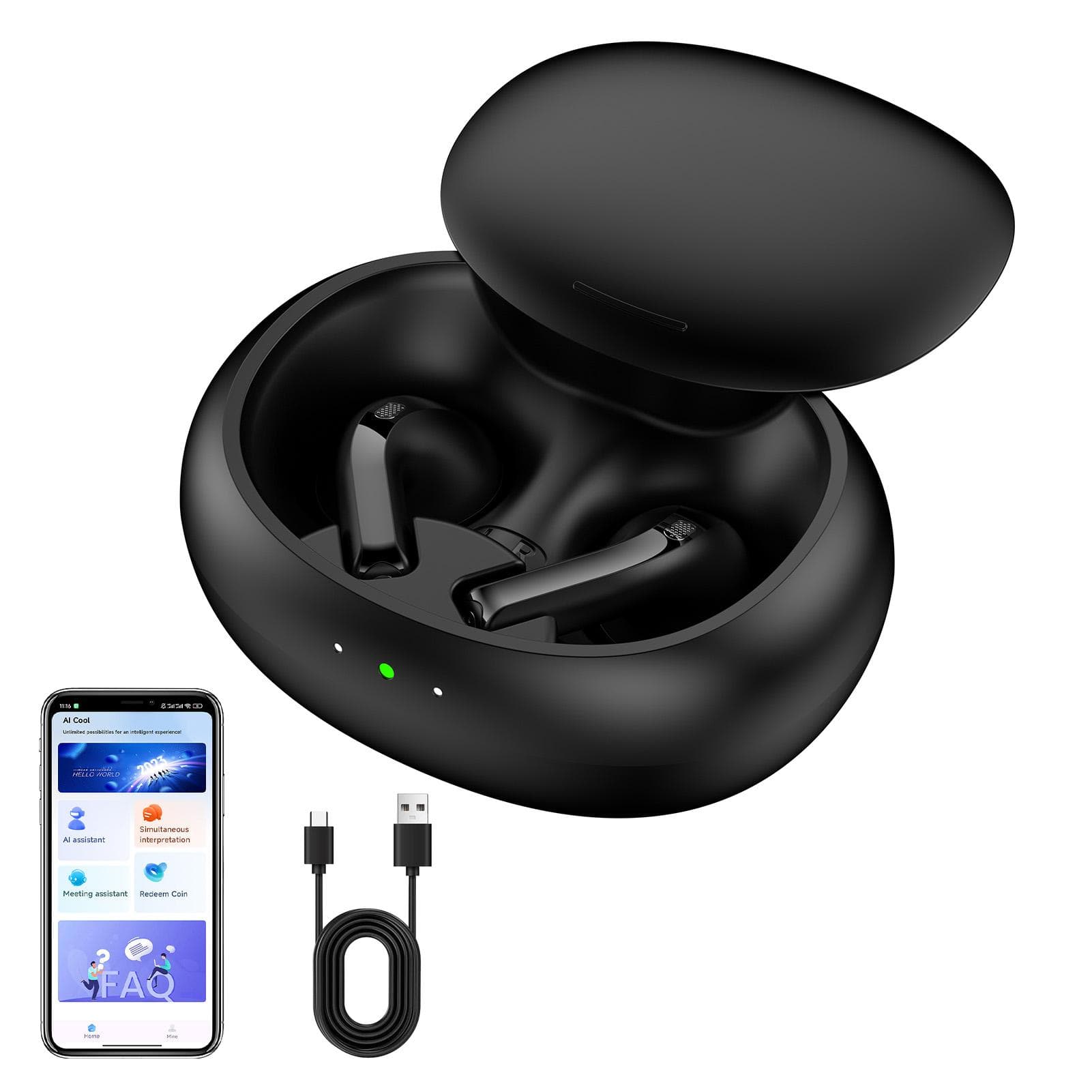 Wireless Translation Earbuds Real Time AI Translator Earbuds for 2 System Smart Phone One Click black