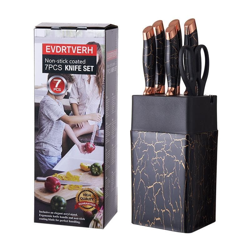 7pcs Kitchen Knife Sets Stainless Steel Chef Knife Bread Knife Marble Textured Handle Sets Tool Holder with Grinding Stone gold