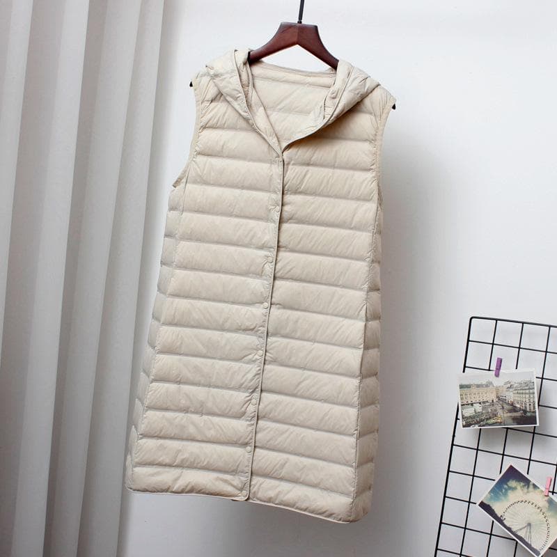 Women Ultra Light Down Long Vest with Hood Casual Slim Waistcoat Duck Down Gilet Fashion XXXL beige