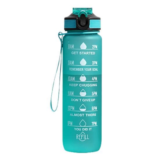 1000ml Water Cup Food Grade Leakproof Large Capacity with Time Marker Lanyard Design Dust-proof Motivational Sports green